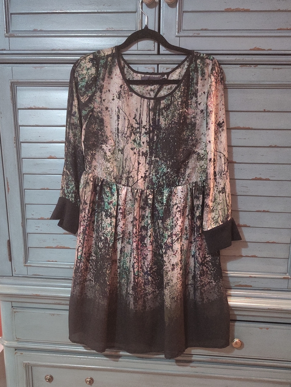 Abstract Print Black Multi Long-Sleeve Dress